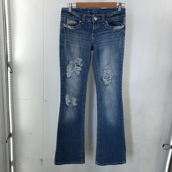 Soundgirl lace studded back pocket denim distressed bootcut jeans size 3 - Picture 1 of 8